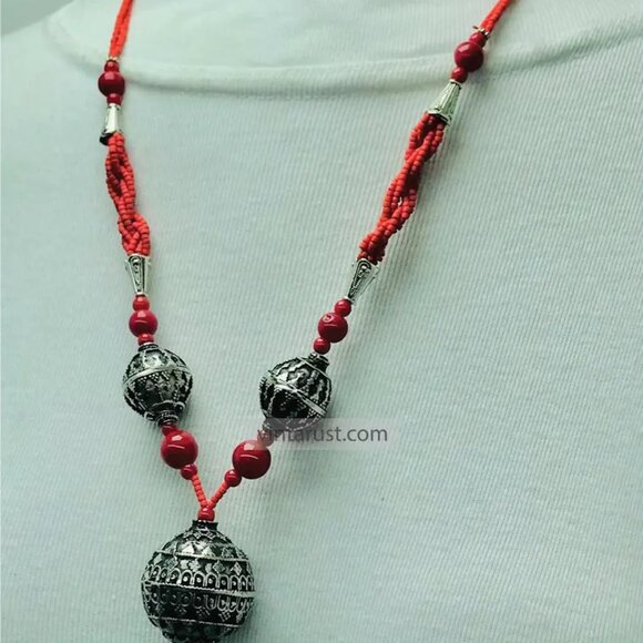 Handmade Red Beaded Necklace with Tribal Tassel Pendant, Beaded Chain Necklace - Picture 6 of 13